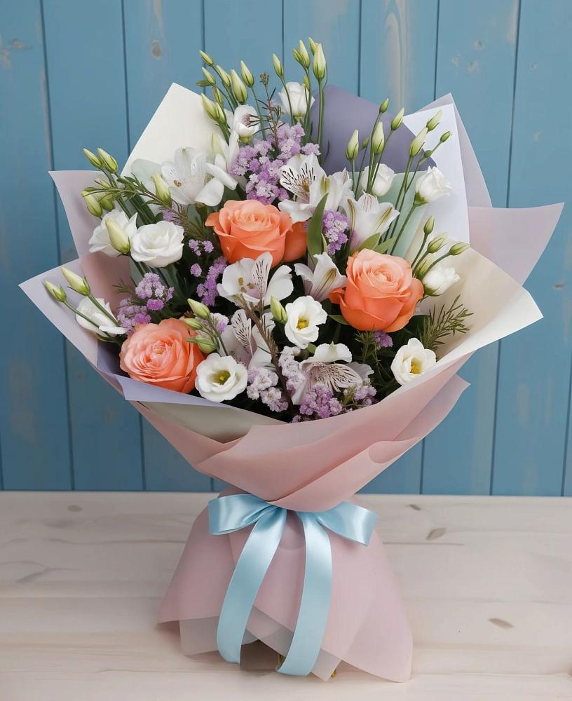 Букет цветов из: Лизиантусы, Розы, Альстромерии и Гипсофила в Старой Кулатке