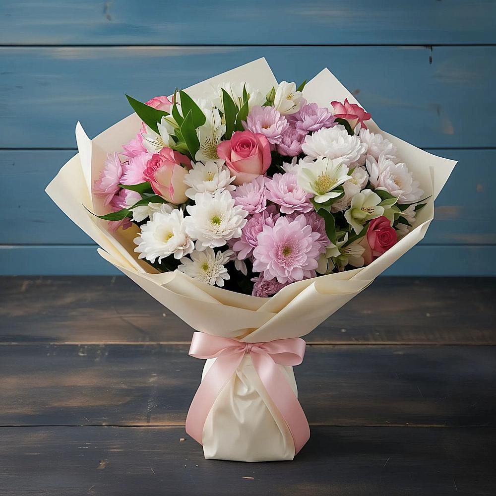 Букет цветов из: Хризантемы, Альстромерии и Розы в Старой Кулатке